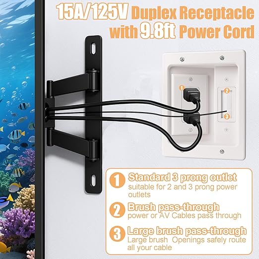 in-Wall TV Cable Management Kit with Recessed Dual AC Outlet, 9FT Extension Cord & Brush Wall Plate, TV Wire Hider for Wall Mounted TV, Power & Low Voltage Cable Concealer (2AC)