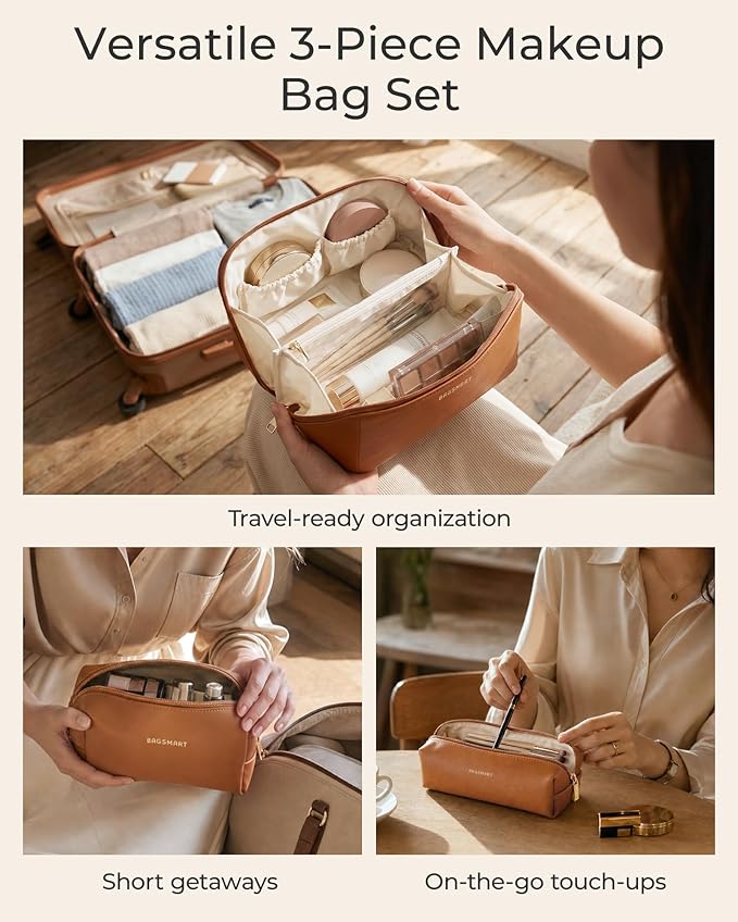BAGSMART Makeup Bag Travel 3 Pcs Set Cosmetic Bag, Large Make Up Bag Flat Open Toiletry Bag for Women, PU Leather Travel Essentials Organizer Case, Wide-open Pouch for Skincare, Brushes, Coffee Brown
