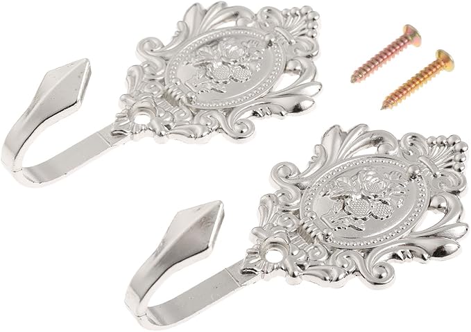 2Pcs Wall Hooks Silver Rose Pattern Carved Vintage Drapery Clothes Key Hook Bathroom Bedroom Multi-Function Decorative Hook with Screws