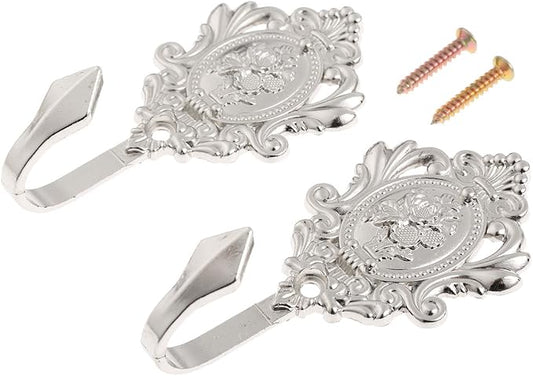 2Pcs Wall Hooks Silver Rose Pattern Carved Vintage Drapery Clothes Key Hook Bathroom Bedroom Multi-Function Decorative Hook with Screws