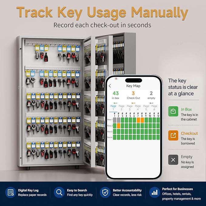 360-Key Smart Key Lock Box, Wall-Mount Key Cabinet with Key Management App(Track Key Borrow/Return), Keypad, Bluetooth & WiFi Unlock (Sold Separately) for Commercial, School, Rental, Office