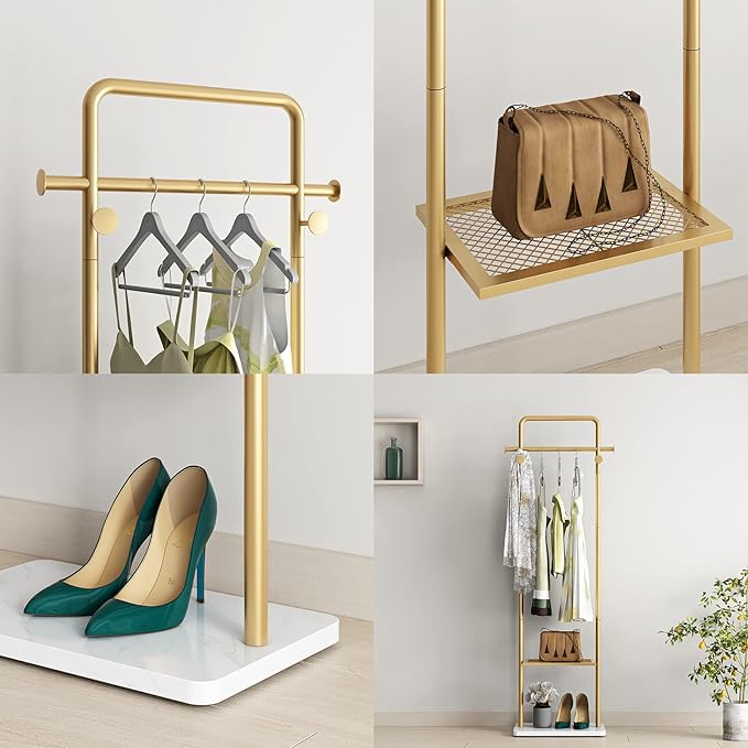 TIEOU Gold Clothes Racks with Shelf, Heavy Duty Gold Clothing Racks for Boutiques, Free-Standing Metal Garment Rack for Hanging Clothes, Modern Coat Rack Entryway(2 tier)