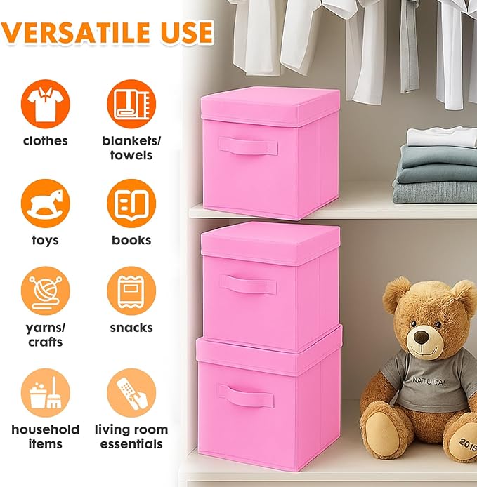 ShellKingdom Storage Bins, Foldable Fabric Storage Cubes with Lid, Clothes Storage Organizer Drawer For Closet Toys Storage, 13 X 13 X 13 INCH, 2 Pack (Pink)