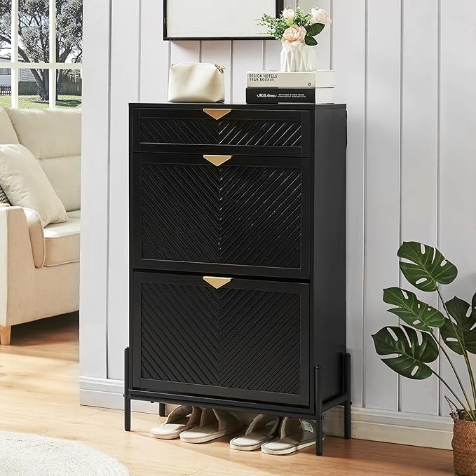 Shoe Cabinet Storage with 2 Flip Drawers, Narrow Hidden Shoes Organizer Cabinet for Entryway, Freestanding Slim Shoe Rack Front Door Entrance(Black)