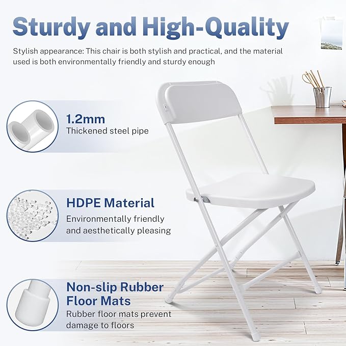 6 Pack White Portable Foldable Camping Chairs, Lightweight Outdoor Seat with Non-Slip Feet for Camping, Picnic, Patio & Travel Use