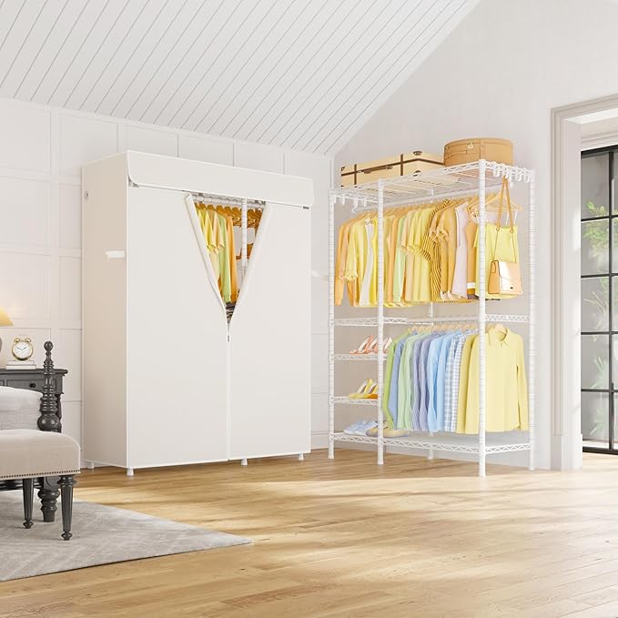 ULIFHOME F2C Clothes Rack with Cover, Clothing Racks for Hanging Clothes, Heavy Duty Garment Rack with Shelves and Hanger Rods, White Closet with Beige Cover, 47.2" W x 16.5" D x 78.3" H, Load 630lbs