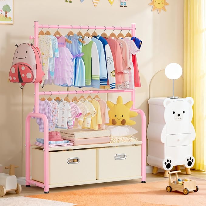 Kids Dress Up Rack Small Baby Closet Organizer for Hanging Clothes Kids Clothes Rack with 2 Tier Storage Racks and 2 Adjustable Hanging Poles (Upgrad, Pink)
