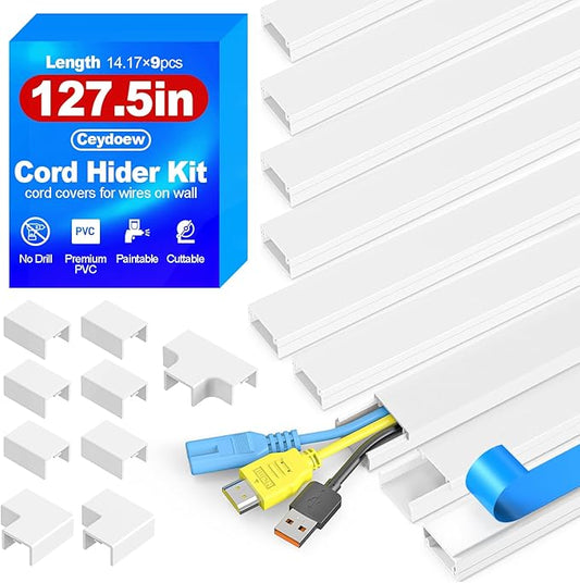 127.5in Cord Hider Kit, Paintable Cord Covers for Wires on Wall, Premium Wire Covers for Cords on Wall, Self-Adhesive Wire Hider, White Cord Hider Wall, W0.94in×H0.55in