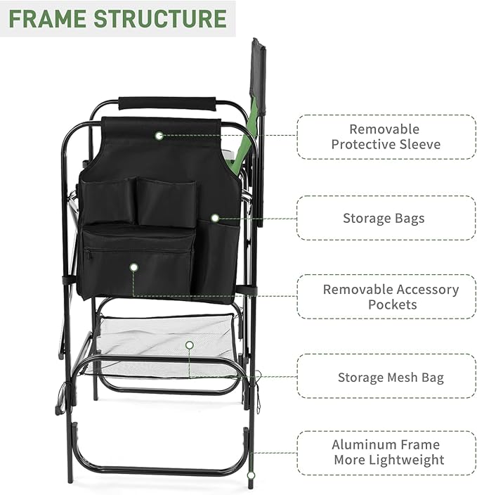 Outvita 4 Piece 31" Tall Directors Chair Height Seat Folding with Side Table Storage Bag, Support for 300Lbs Portable Makeup Artist Chair with Bar Height(Dark Green/Black)