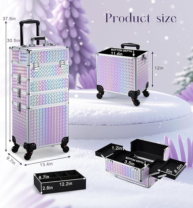 Stagiant Rolling Makeup Case Cosmetology Case on Wheels 4 in 1 Makeup Travel Case Extra Large Cosmetic Box with Key Make Up Artist Traveling Storage Nail Case Salon Barber Cart Trunk Pinkish Purple