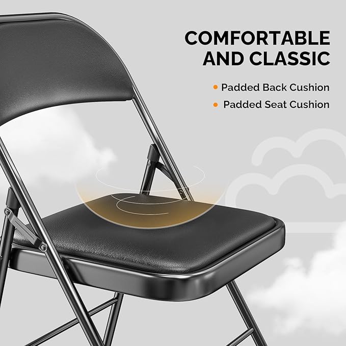 VINGLI 2 Pack Folding Chairs with Padded Seats, Metal Frame with Pu Leather Seat & Back, Capacity 350 lbs, Set of 2, Black