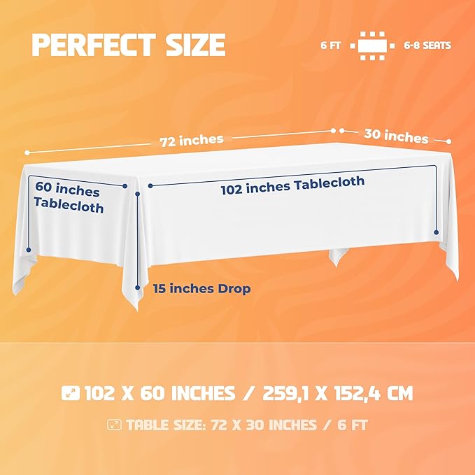 WEALUXE White Table Cloths for 6 Foot Rectangle Tables, 2-Pack, 60x102 inches, Water, Stain and Wrinkle Resistant, 200 GSM Washable Poly Fabric Tablecloths Rectangular, Elegant and Durable