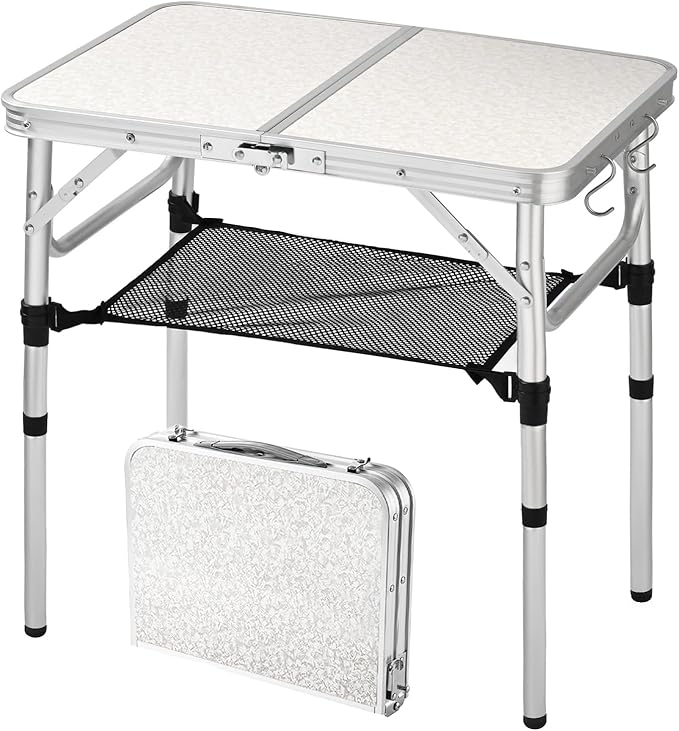YihuiKo Folding Camping Table with Adjustable Height, 23.6" x 15.8" Portable Lightweight Tables with Aluminum Legs for Outdoor Camp, Picnic, Beach, Backyard, Tailgate Cooking, 3 Heights