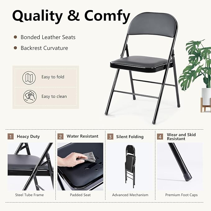 DUMOS 12 Pack Leather Padded Folding Chair, Indoor Outdoor Portable Stackable Commercial Seat with Steel Frame, Capacity for Home, Office, Party, Comfy, Black