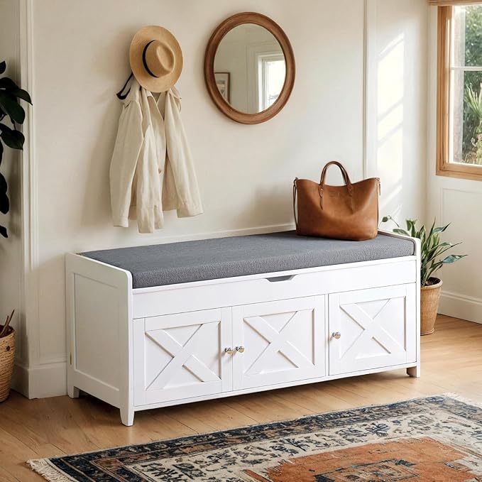 Pipishell 2-Tier Shoe Storage Bench with Cushioned Seat, Entryway Bench with Adjustable Shelf & Barn Doors, 300 lbs Capacity, 39.4" W x 16" D x 18" H, for Entryway, Bedroom, Living Room, White
