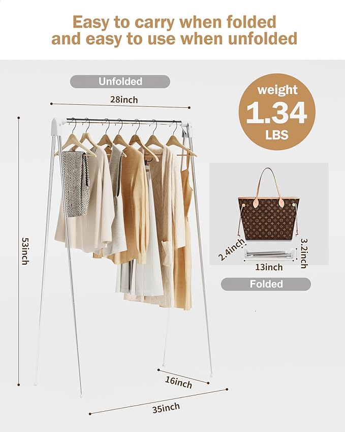 Travel Garment Rack,Portable and Foldable，Folding Clothes Rack for Dance,Travel,Camping, Drying,RV, Indoor,Outdoor. A Collapsible Mini Clothing Rack., Matte White