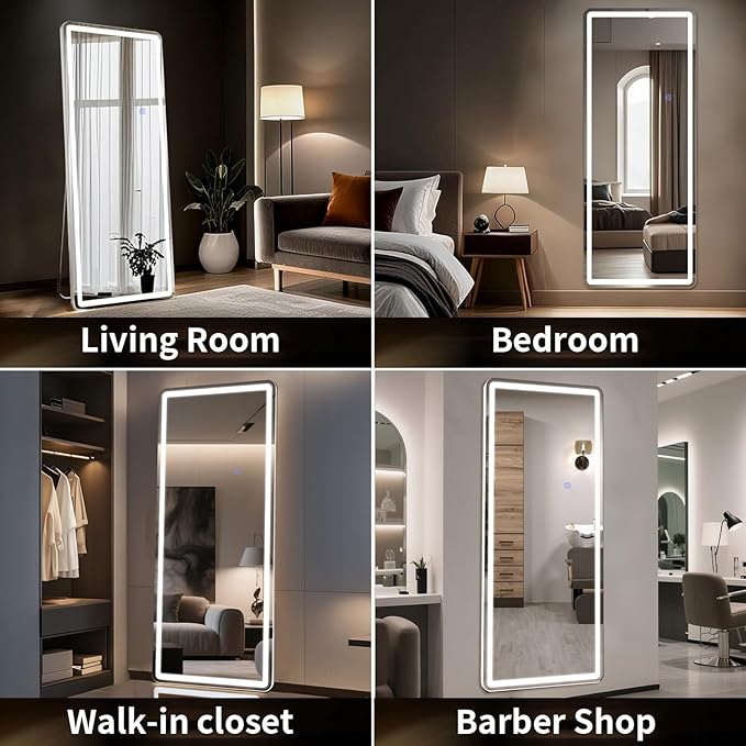 71"x32" LED Full Length Mirror – Standing Floor Body Mirror with Dimmable Lights 3 Color Modes – Adjustable Brightness, Wall-Mount or Leaning for Barber, Fitness Center, Dressing Room