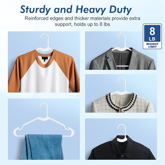 HOUSE DAY White Plastic Hangers 100 Pack, 16.25" Slim Hangers with Non-Slip Extended Notch, Perfect for Plus Size & Curvy Fits, Closet Organization Essential, Space Saving for Dorm Apartment Home