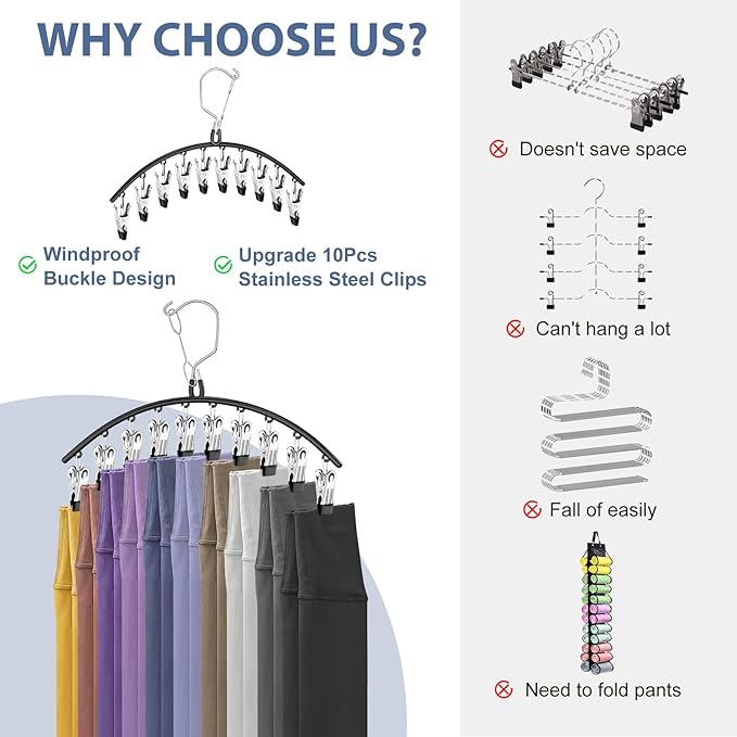 3 Pack Skirt Pants Hangers with Clips, Legging Organizer for Closet Hanging with 10 Cilps Holds 30 Leggings/Shorts/Jeans/Skirts Pants Hangers Space Saving Closet Organizers and Storage, Grey
