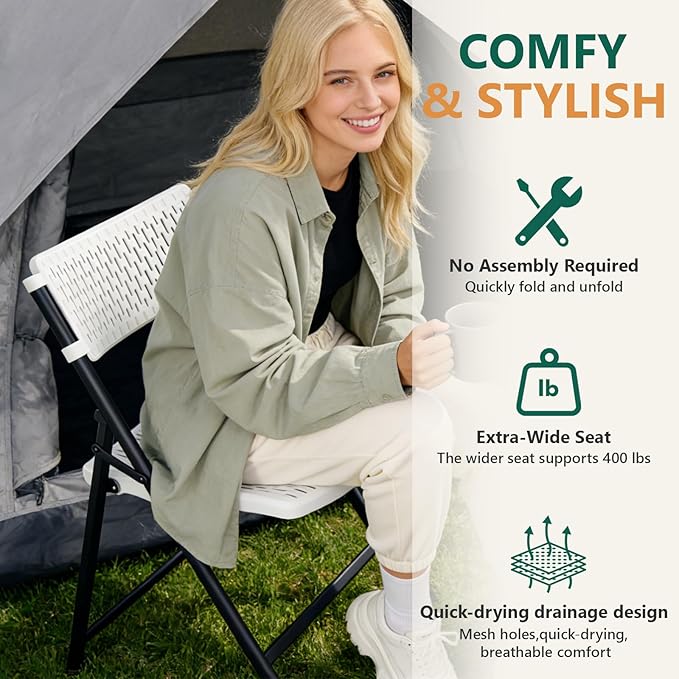 4-Pack White Folding Chairs, Mesh Plastic Seat with Steel Frame, 400 lbs Capacity, Non-Slip Pads, Easy Clean for Indoor/Outdoor Weddings, Patios & Card Tables