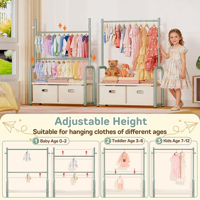Kids Clothes Rack with 2 Tier Storage Racks and 2 Adjustable Hanging Poles, Small Baby Closet Organizer for Hanging Clothes, Kids Dress Up Rack (Upgrad, Green)
