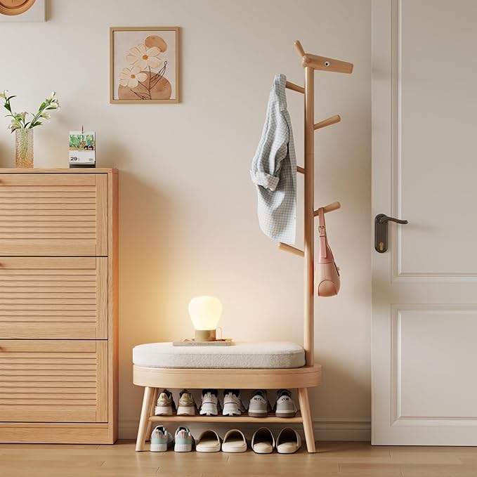 AQIMUELE Entryway Shoe Rack with Coat Rack, Wooden Shoe Bench with Upholstered Cushion, 3-in-1, 2-Tier Shoe Storage and Cute Animal Hooks for Entryway, Hallway, Closet (Natural 32.2")