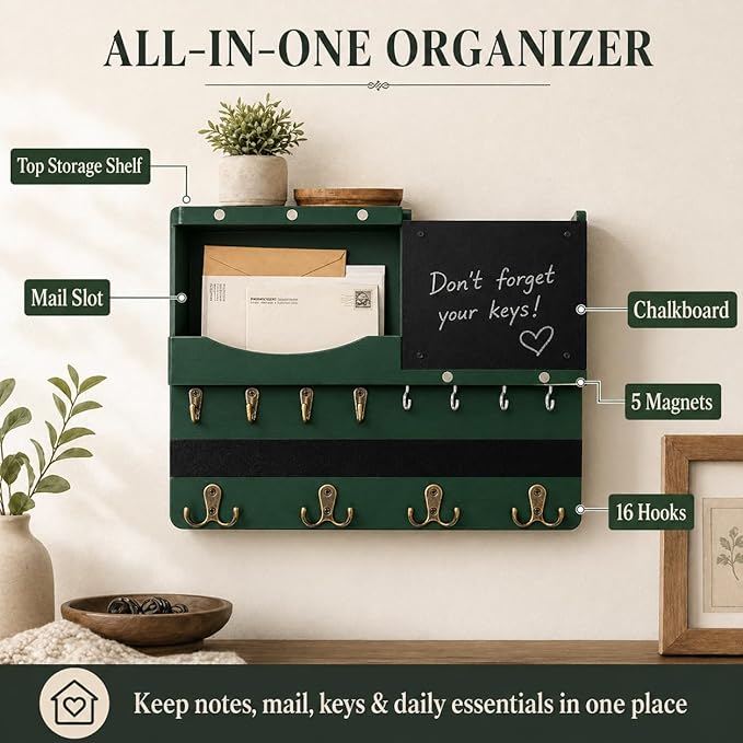 Key Holder for Wall Mount with Shelf and Mail Organizer, Key and Mail Holder with 16 Hooks, Farmhouse Entryway Organizer, Home Decor Rack (Pine Wood,Green)