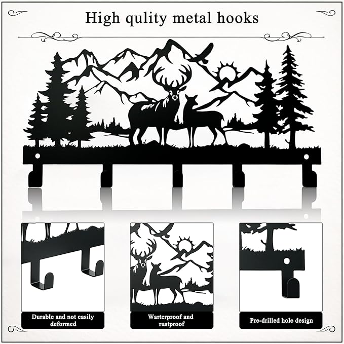 Metal Key Holder Wall Mount, Rustic Cabin Key Rack Hooks, Woodland Wildlife Wall Art Organizer for Entryway, Kitchen, Hallway, Garage, Farmhouse Home Decor & Housewarming Gift (Deer Mountain)