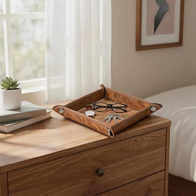 Valet Tray Desktop Storage Organizer – Vegan Leather Catchall Bedside Vanity Tray Nightstand Caddy Holder for Remote Controller, Watch, Keys, Phone, Wallet, Coin, Jewelry, Stone Khaki