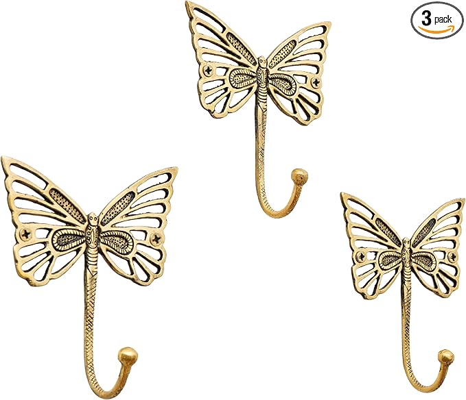 Indian Shelf 33 Lb. Solid Brass Butterfly Wall Hooks - Vintage Gold Decorative Hooks for Coats, Backpacks- Cute Heavy Duty Hangers for Kids Room, Entryway, Kitchen, Mudroom - Pack of 3
