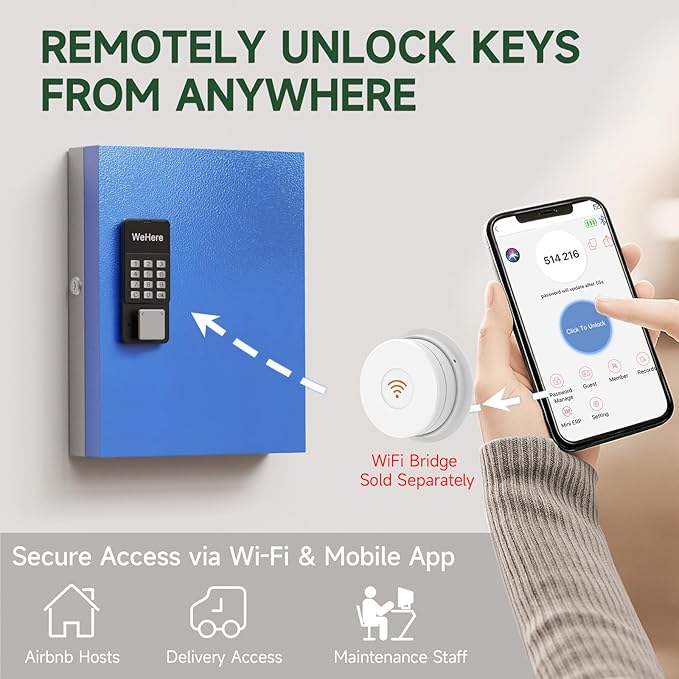 WeHere 32-Key Smart Key Lock Box, Wall-Mount Key Cabinet with Key Management App(Track Key Borrow/Return), Keypad, Bluetooth & WiFi Unlock (Sold Separately) for Commercial, School, Rental, Office