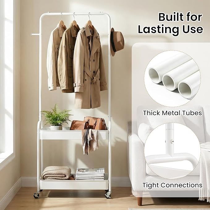 LDAILY Small Rolling Clothes Rack, Heavy Duty Clothing Rack with 2 Baskets, 4 Wheels for Hanging Clothes & Storage, Multi-Purpose Portable Closet for Bedroom, Living Room, Laundry, Small Space (White)