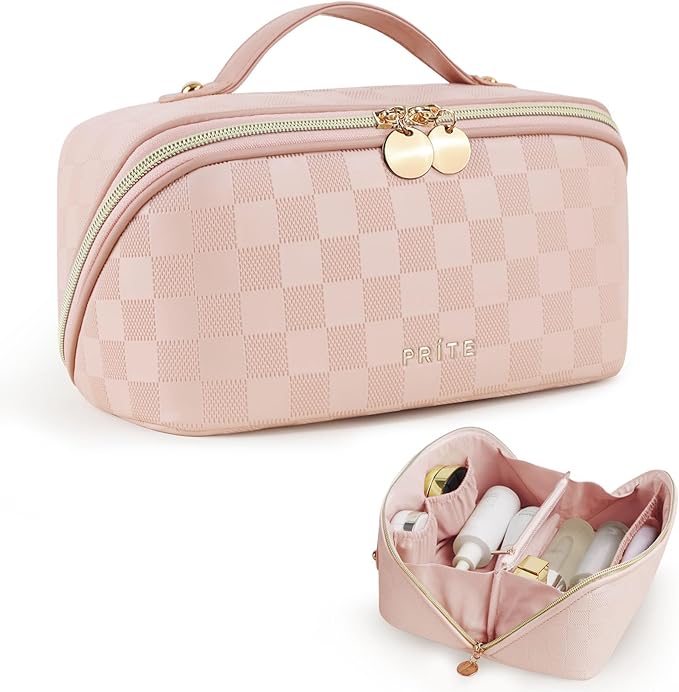 Prite Makeup Bag for Women Travel Waterproof Vegan Leather Cosmetic Bag Open Flat Toiletry Bag With Clear Divider and Handle (Plaid Pink, Medium)