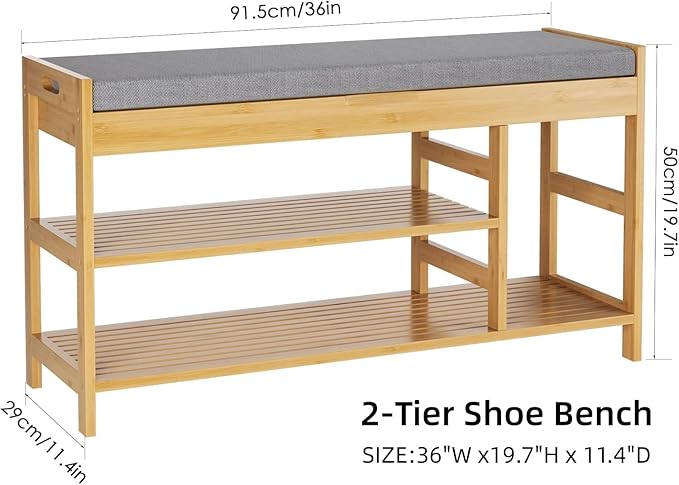 HIFIT 2-Tier Entryway Shoe Rack Bench with Storage, 36 in Bamboo Storage Bench with Padded Seat, Shoe Oiganizer Shelf for Entryway Mudroom Bathroom Hallway, Natural