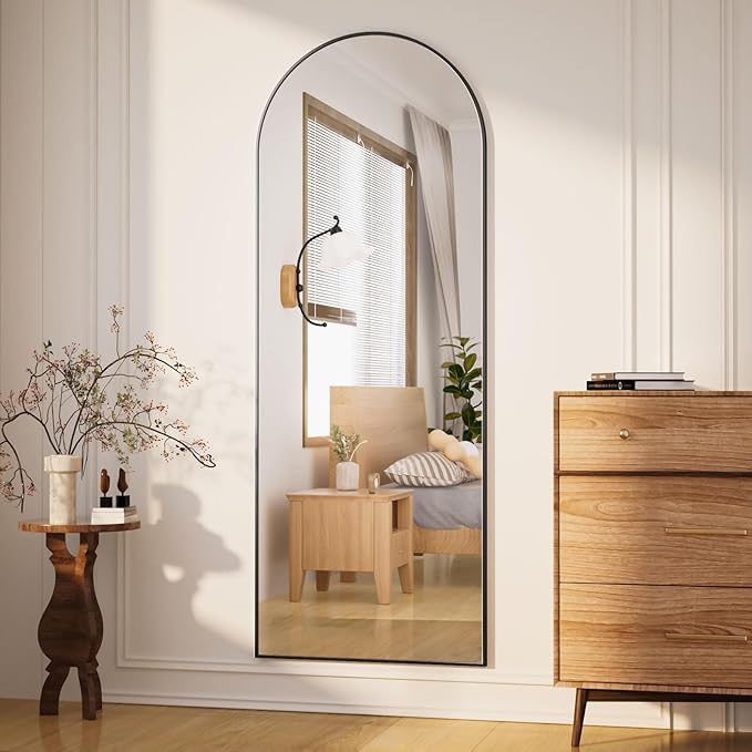 Arched Full Length Mirror 65"x24" - Floor Standing Body Mirror with Aluminum Frame,Leaning Hanging for Bedroom Cloakroom Living Room Black