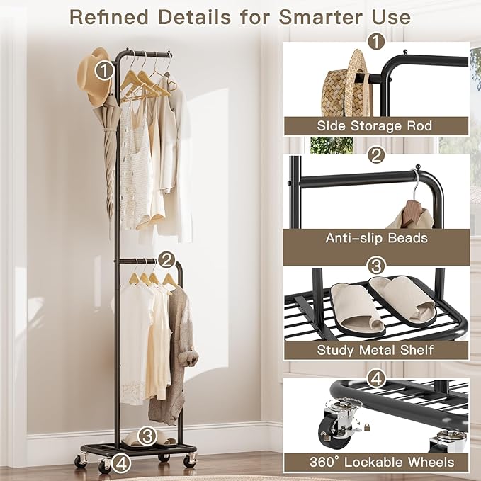 Small Clothes Rack with Wheels, 71" Portable Rolling Clothing Rack with Bottom Metal Shelf, Garment Rack with Hanging Rod, Sturdy Freestanding Coat Rack for Bedroom, Entryway, Black