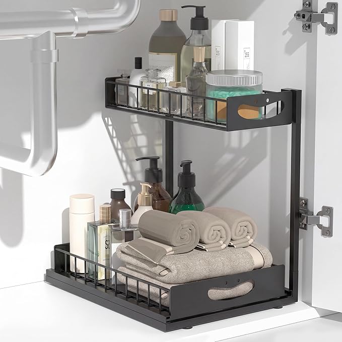 Under Sink Organizer with Pull-Out Drawers,Kitchen Sink Organizer,2 Tier Bathroom Organizers And Storage,Bathroom Accessories Set,Black 2 Pack