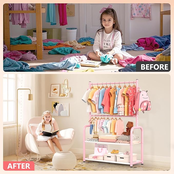 Kids Clothing Rack with 2-Layer Storage Shelf and 2 Adjustable Hanging Rods, Dress Up Rack for Hanging Clothes,Dress up Storage for Baby Toddle Kids(Classic, Pink)