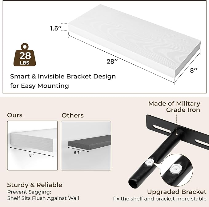 RICHFOCUS 28Inch Floating Shelves for Wall 2 Pack Shelves for Bedroom|Kitchen|Bathroom|Laundry Room Rustic Wood Wall Mounted Shelf with Invisible Brackets for Books|Storage|Decor, White