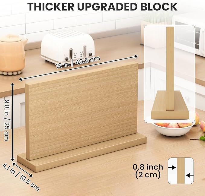 THMINS Magnetic Knife Block, 16 x 9 Inch Double-Sided Wooden Knife Holder for Kitchen Counter, Extra Large Magnetic Knife Stand and Storage Organizer