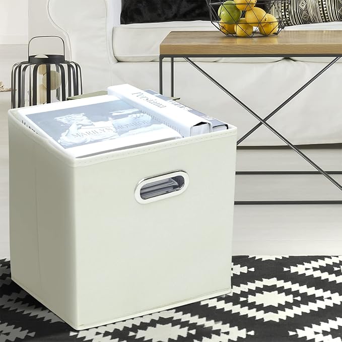 STORONE 13 Inch Cube Organizer Bins, Fabric Storage Bins with Dual Handles, Set of 6, Creamy-White