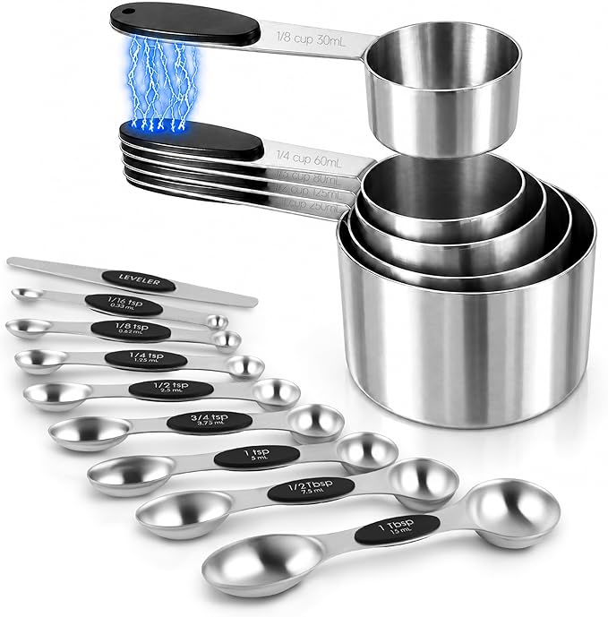 Magnetic Measuring Cups and Spoons Set, Strong N45 Magnets, 304 Stainless Steel, Double-Sided Measuring Spoons, 14-Piece Set with Leveler for Baking & Cooking