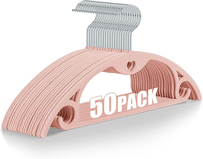 Velvet Hangers 50 Pack: Felt Clothes Hangers Heavy Duty Shirt Sweater Hangers No Shoulder Bump Non Slip Slim Thin Coat Hangers for Closet - Pink