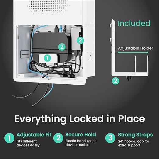 ynVISION.DESIGN 17" Recessed in-Wall Media Box - Flush Mount AV Cable Management Box & Cord Hider with Adjustable Shelf, Cable Straps & Vented Cover - Compatible with Apple, Roku TV, Fire TV & More