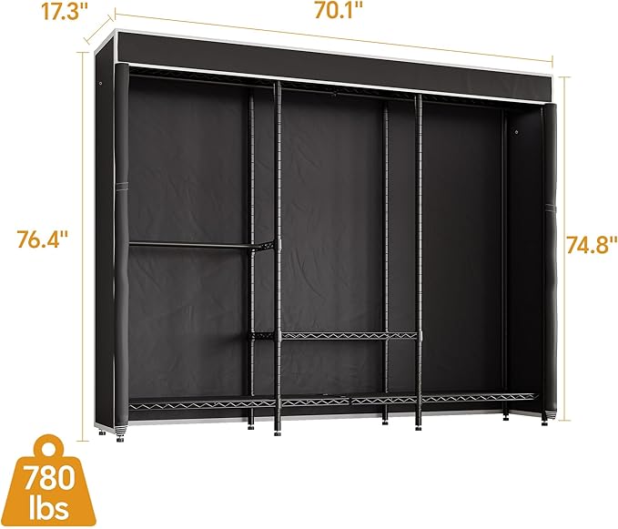 Higeego H8 Garment Rack with Cover, Portable Closet for Hanging Clothes, Heavy Duty Clothes Rack Wardrobe Closet Organizer and Storage, Black Clothing Rack Shelf with Black Fabric Cover