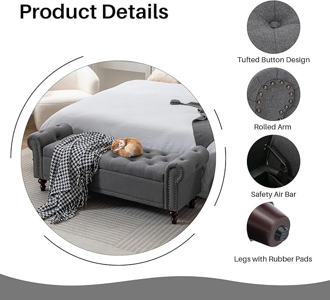 SOFTHION 58.1" Storage Bench Upholstered Linen End of Bedroom Bed Bench Ottoman with Tufted Cushioned Rolled Arm Large Storage Space for Reading Living Room Entryway, Grey
