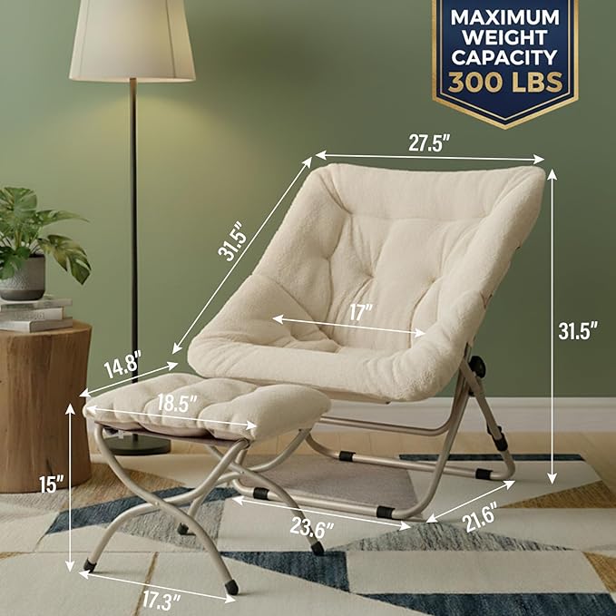 Tiita Folded Chair with Ottoman, Soft Faux Fur Oversized Folding Accent Chair,Lazy Chair, Metal Frame Moon Chair for Bedroom, Living Room, Dorm Rooms, Garden and Courtyard