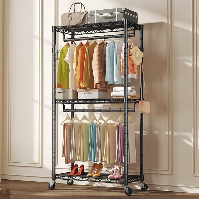 NEWBULIG Heavy Duty Adjustable Clothes Rack with Wheels, Adjustable Rolling Metal Freestanding Garment Closet Organizer with Double Rods & 2 Side Hooks for Hanging Clothes, 35" x 15" x 75", Black