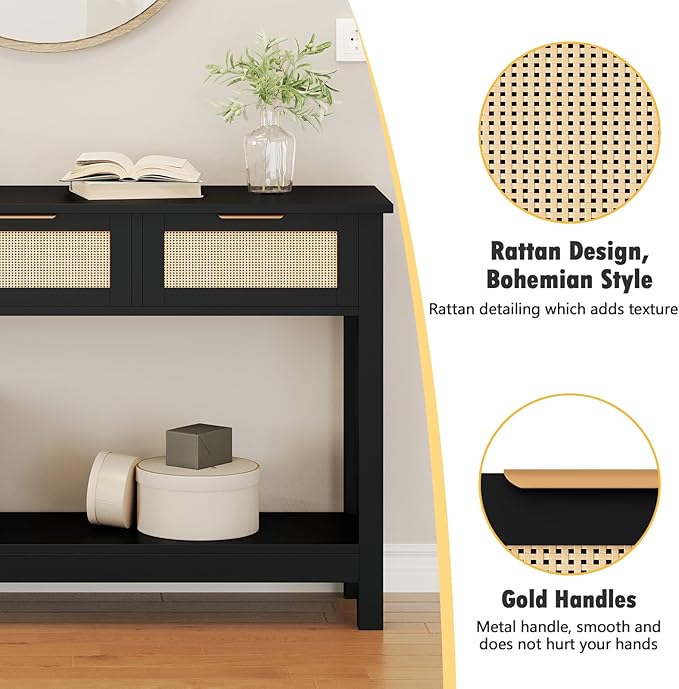 Luoxiao Entryway Table, 47" Rattan Console Tables with 3 Drawers, Narrow Hallway Table for Entryway with Storage Shelf, Slim Sofa Table Behind Couch, Modern Black Foyer Entry Way Table, Easy Assembly