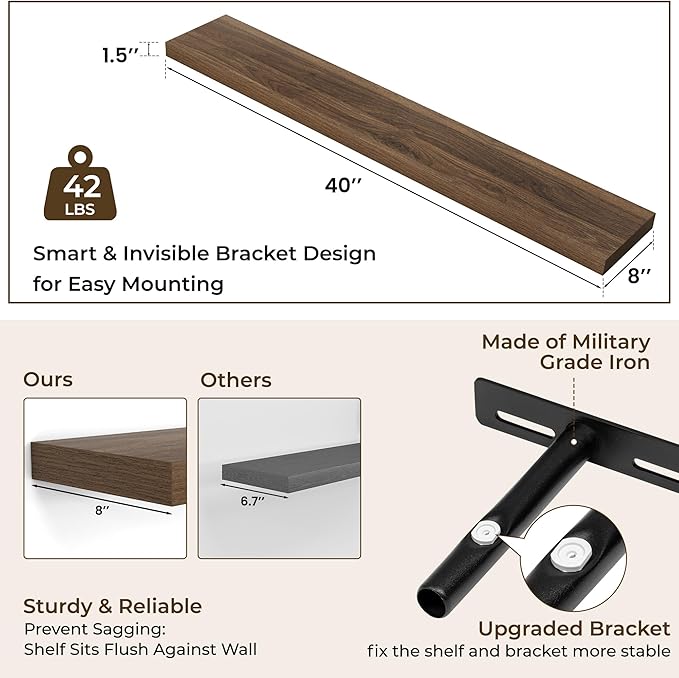 RICHFOCUS 40Inch Floating Shelves for Wall 1 Pack Shelves for Bedroom|Kitchen|Bathroom|Laundry Room Rustic Wood Wall Mounted Shelf with Invisible Brackets for Books|Storage|Decor, Walnut